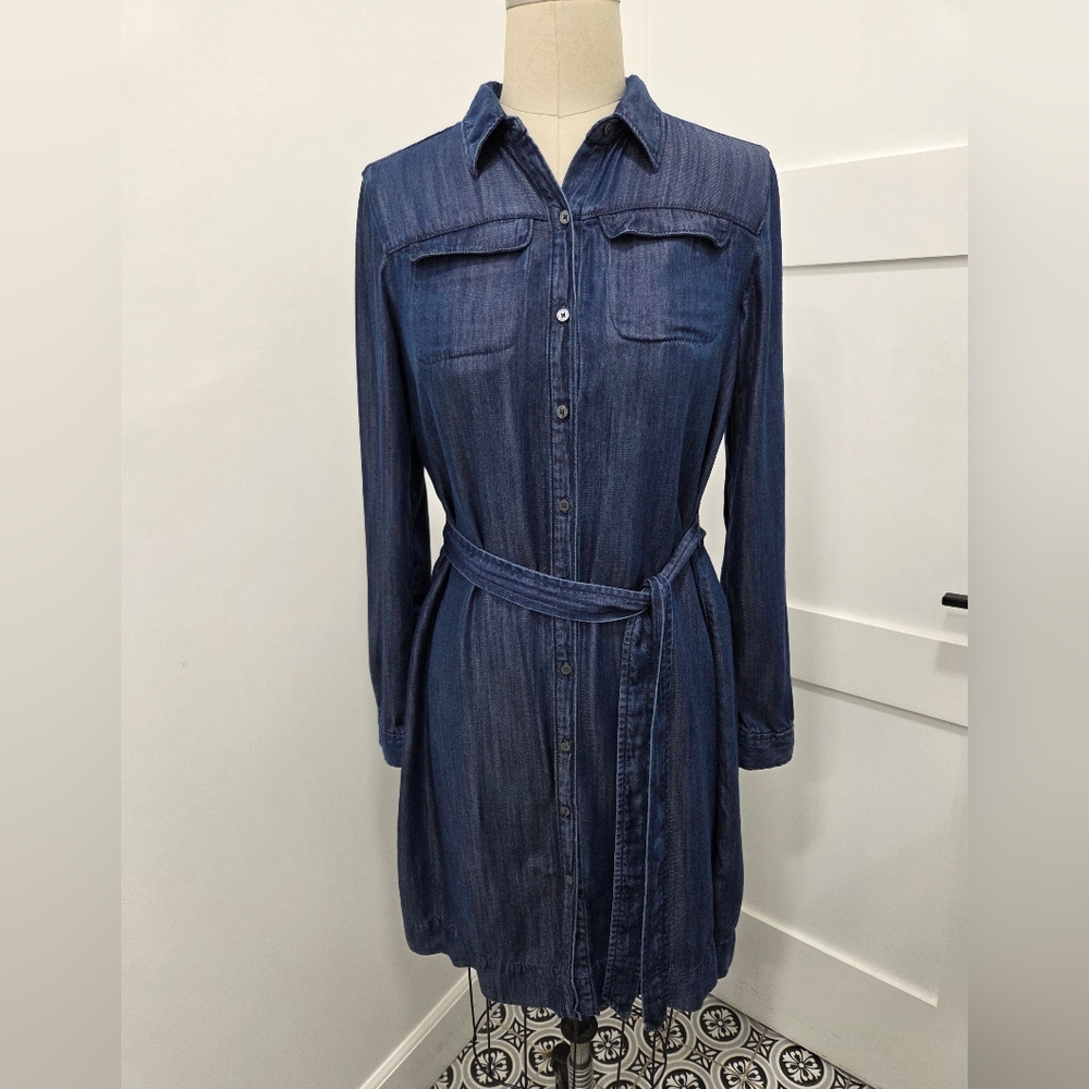 LOFT Women's Dress Blue Collared Button Down Belted Sizr XS Coastal Cowgirl